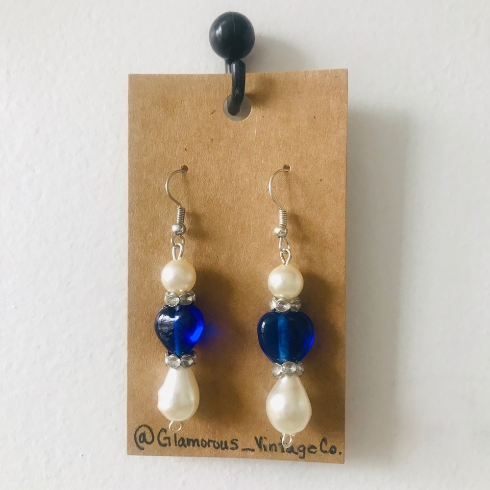 Blue heart and pearl Drop Earrings 💙🤍